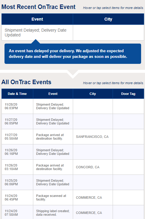 Skylar0486's tweet photo. I see this same issue both when shipping to my work (Amazon, same warehouse you receive packages from) and to home. This came from the LA area, yet has gotten delayed 3 (three) times. Last time I used them it got completely lost! @OnTrac_Shipping https://t.co/wKhoHLeezk