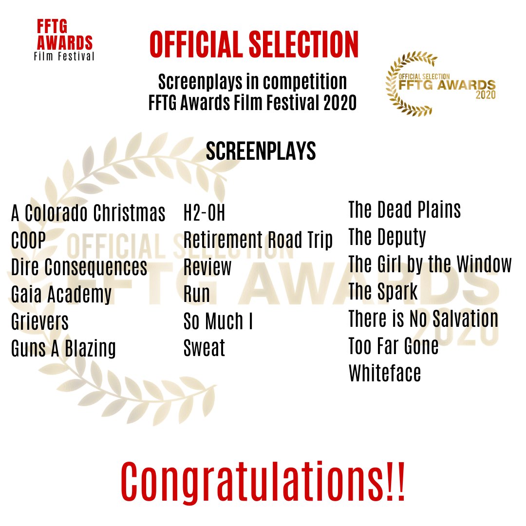 FftgAwards's tweet photo. FFTG Awards 2020 screenplays.
Visit https://t.co/dq6mzxzeDc to view the full slate.
#FFTG #FFTGAwards #FFTGAwardsofficialselection2020 #FFTG #officialselection2020 #filmfestival #filmfestivals #filmmaking #filmmakers https://t.co/kOxdwfBiXH