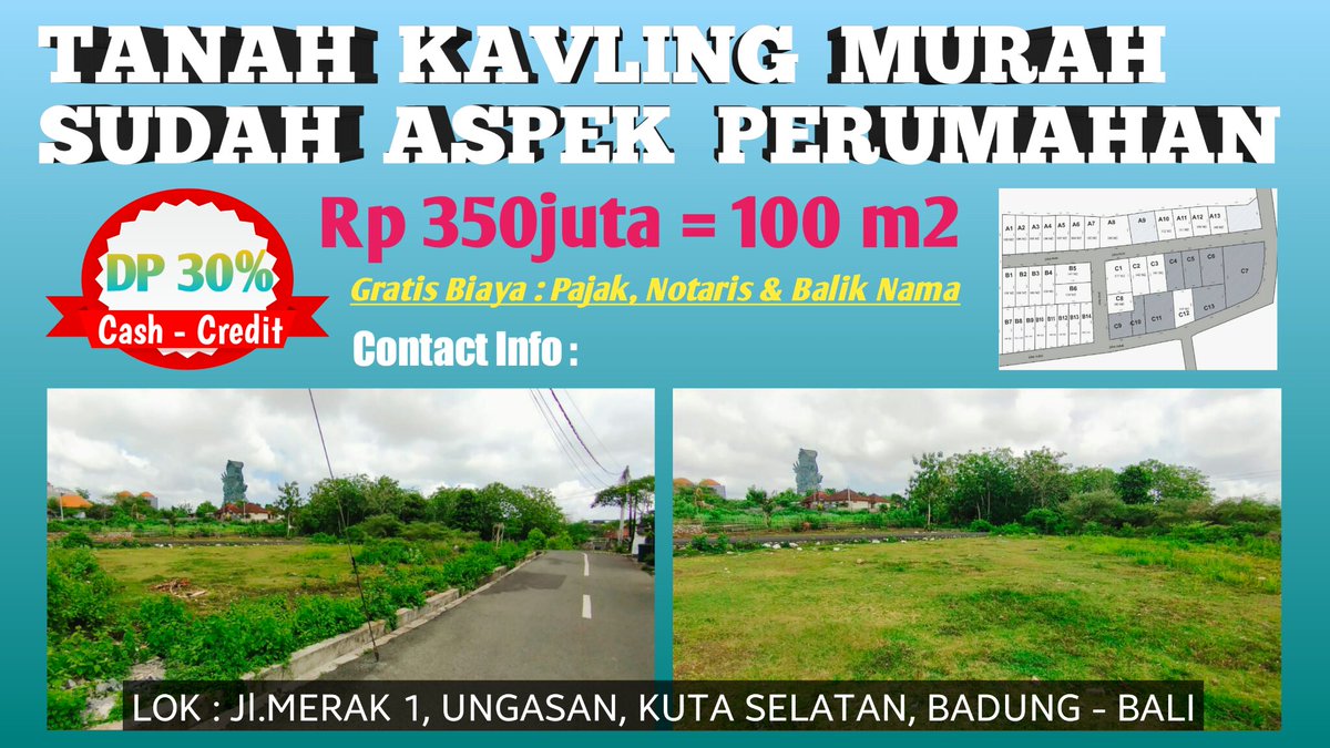 Jual Tanah 100 m2/1are, di kawasan Dekat Patung Besar GWK Ungasan