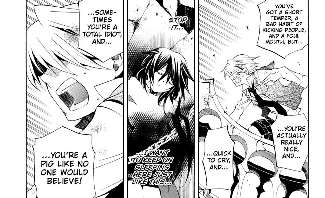rereading pandora hearts from the beginning which i never do so i have a  very vague recollection of the entire first half of the manga. anyway i somehow completely forgot about oz being like "you're a total idiot and a pig" to alice 