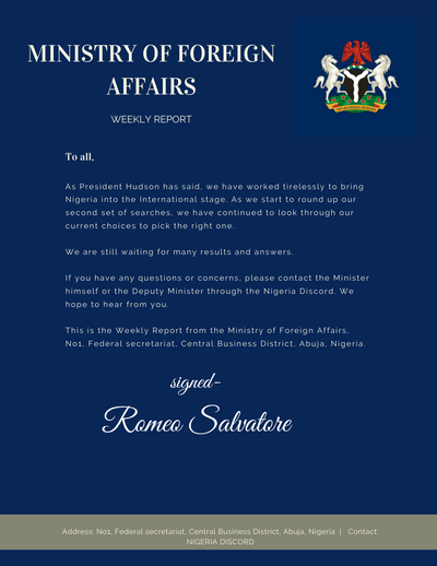 ForeignA_NG's tweet photo. 🇳🇬 WEEKLY REPORT

As the week of Nov 23 comes to a close in just a few minutes, @HonRTheodore has started the "WEEKLY REPORT" letters. Here is this weeks brief report on our United Nations search. https://t.co/v03NZpYM1f