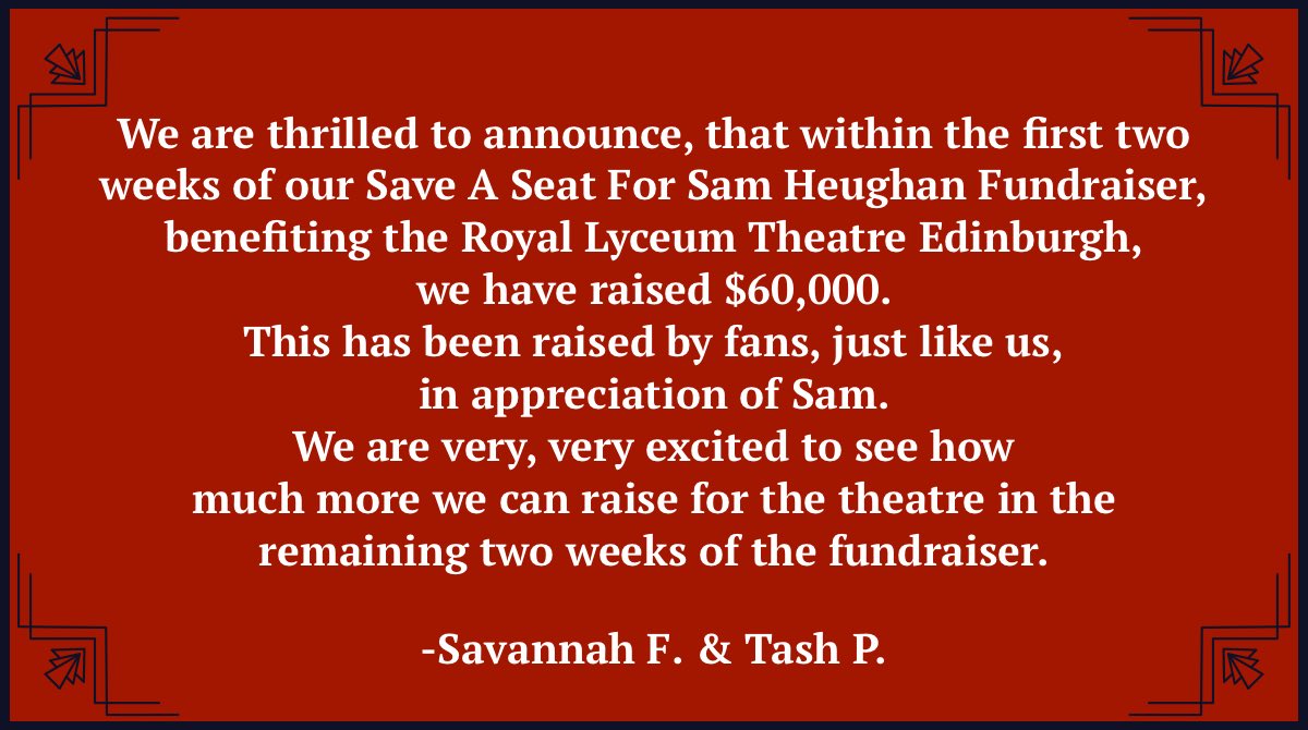 SaveASeatForSam's tweet image. An exciting announcement about our Save A Seat For @SamHeughan Fundraiser benefitting the @lyceumtheatre!

#SaveASeatForSam Fundraiser Link: eventbrite.com/e/128588239887
