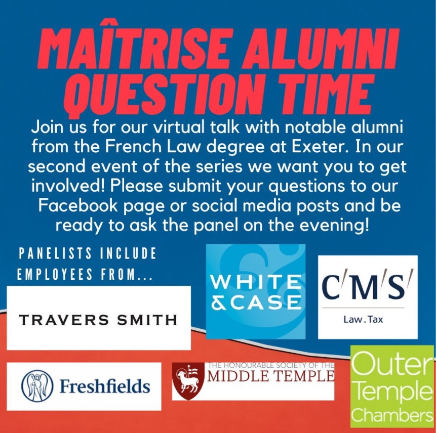 ExeterLawSchool's tweet image. Join @ExeterILS TOMORROW - 18th November - for their Maîtrise Alumni Question Time Talk

See the Facebook page for more information:
facebook.com/events/1058635…