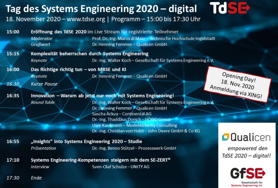 qualicen's tweet photo. Don´t forget: #TdSE2020 is kicking off tomorrow! Register and stop by for the keynote by our co-founder @HenningFemmer! Make sure to also visit our booth at the virtual exhibition! We look forward to catching up w/ you! #TdSE #SystemsEngineering #MBSE #KI 
https://t.co/Rj7ss7qnRL https://t.co/20HnmgXiNQ