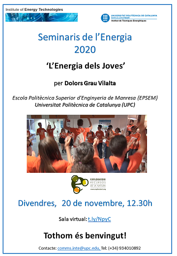 EEBE (@eebe_upc) on Twitter photo Seminaris de l'Energia 2020: L'Energia dels Joves
per Dolors Grau <a href="/upcmanresa/">UPC Manresa</a>
<a href="/la_UPC/">Universitat Politècnica de Catalunya (UPC)</a>
Divendres, 20 de novembre, 12.30h Sala Virtual: t.ly/NpyC Tothom és benvingut! <a href="/INTE_UPC/">Institut de Tècniques Energètiques</a>
<a href="/ETSEIB_UPC/">ETSEIB</a>
<a href="/EEBE_UPC/">EEBE</a>
#campusdiagonalbesòs Seminaris de l'Energia 2020: L'Energia dels Joves
per Dolors Grau <a href="/upcmanresa/">UPC Manresa</a>
<a href="/la_UPC/">Universitat Politècnica de Catalunya (UPC)</a>
Divendres, 20 de novembre, 12.30h Sala Virtual: t.ly/NpyC Tothom és benvingut! <a href="/INTE_UPC/">Institut de Tècniques Energètiques</a>
<a href="/ETSEIB_UPC/">ETSEIB</a>
<a href="/EEBE_UPC/">EEBE</a>
#campusdiagonalbesòs
