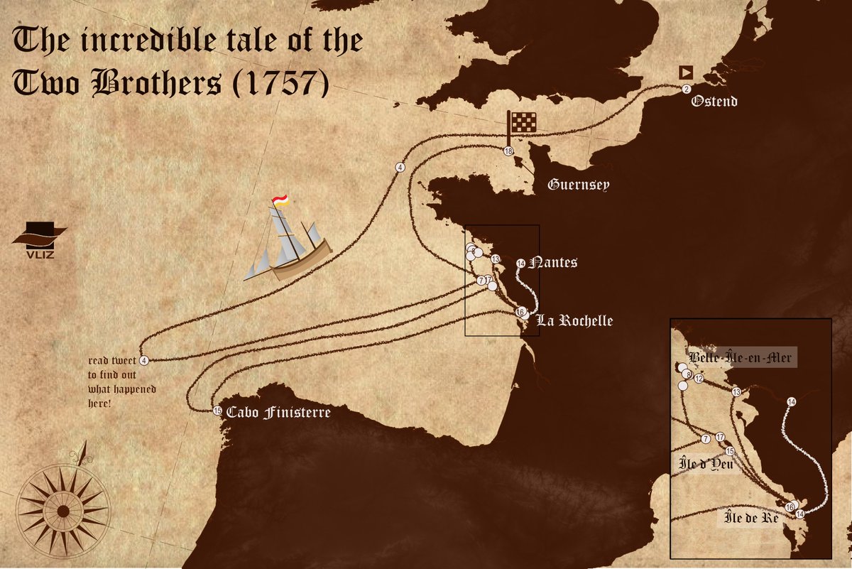  #30DayMapChallenge - day 17: historical mapLet us take you on the epic journey of the Two Brothers in 1757, presented to us through the Prize Papers In close collaboration with  @stanpnnr @UkNatArchives  @Prize_Papers  @jmeesvliz(1/19)