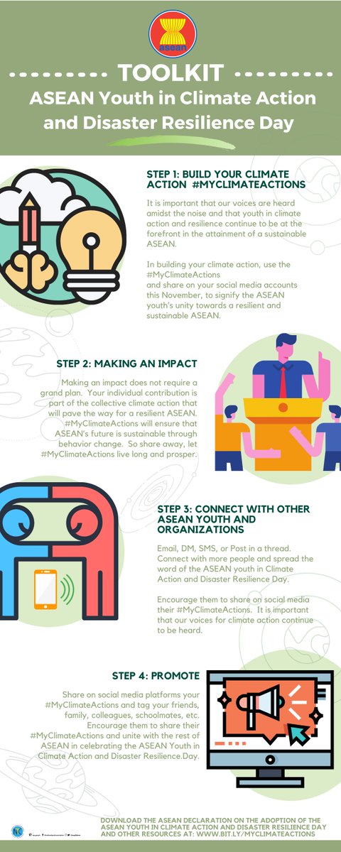 ASEAN's tweet photo. YOUth contribution matters.
Create a ripple effect to your #MyClimateActions by following these simple steps:
Together we can create a resilient and sustainable #ASEAN. Share your #MyClimateActions journey! https://t.co/mfA6XJIrhk