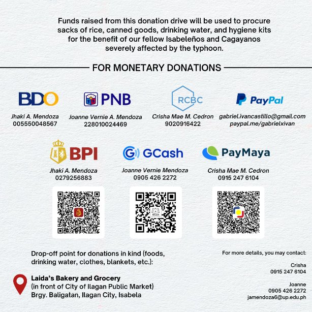 BarkaDamayan's tweet photo. Here is our updated list of our donation channels. We have included a Paypal account and you can now send your donations here as well. We hope that you can continue to extend your help to the victims of Typhoon Ulysses in Isabela and Cagayan.

#Barkadamayan
#TulongParaItiNorte https://t.co/kbVrFOzhK6