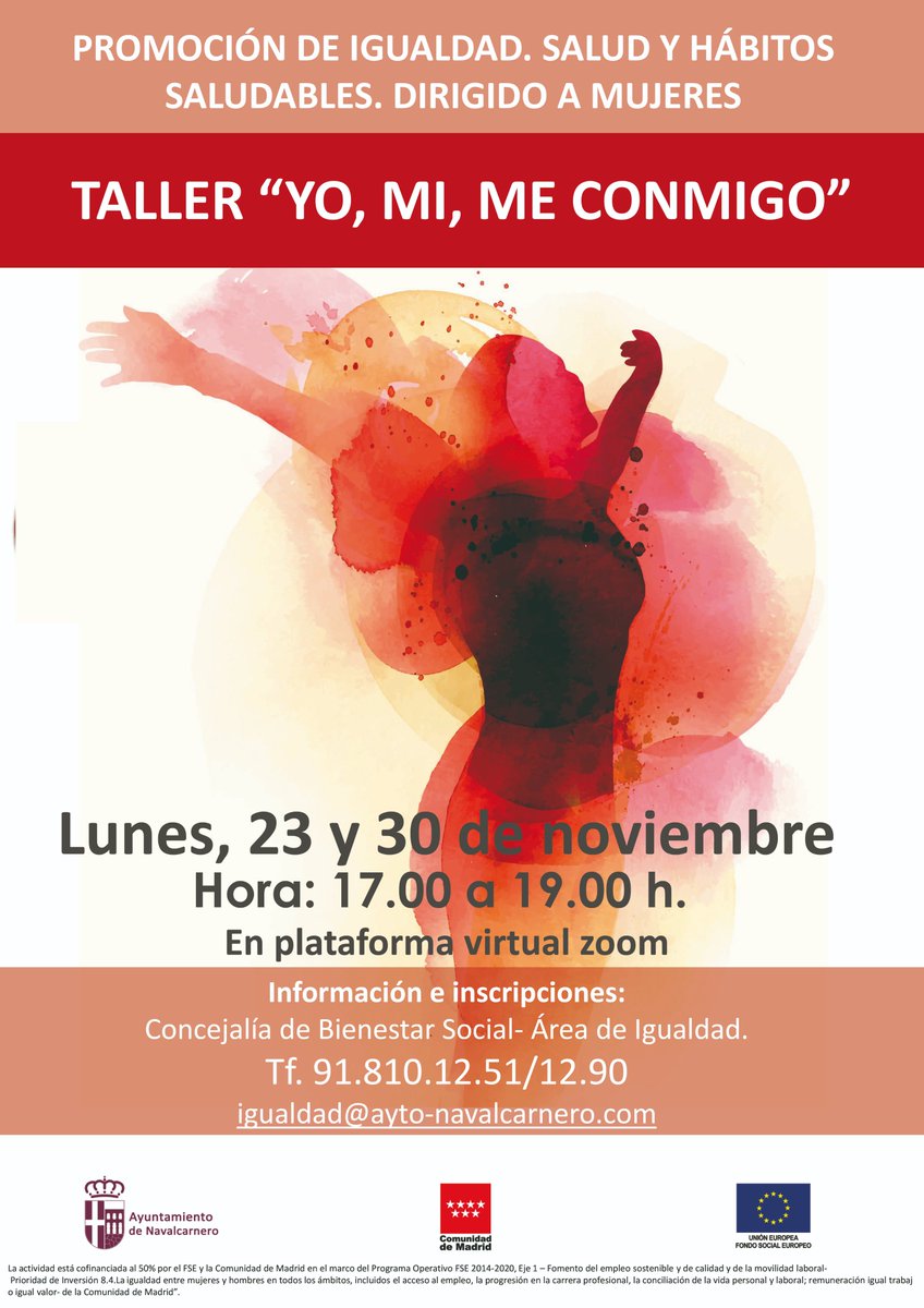 El Ayuntamiento pone en marcha varios talleres gratuitos de Promoción de la igualdad, salud y hábitos saludables dirigidos a mujeres. Si quieres inscribirte en alguno de ellos, puedes hacerlo, en el correo igualdad@ayto-navalcarnero.com o en el teléfono 91 810 12 51.
