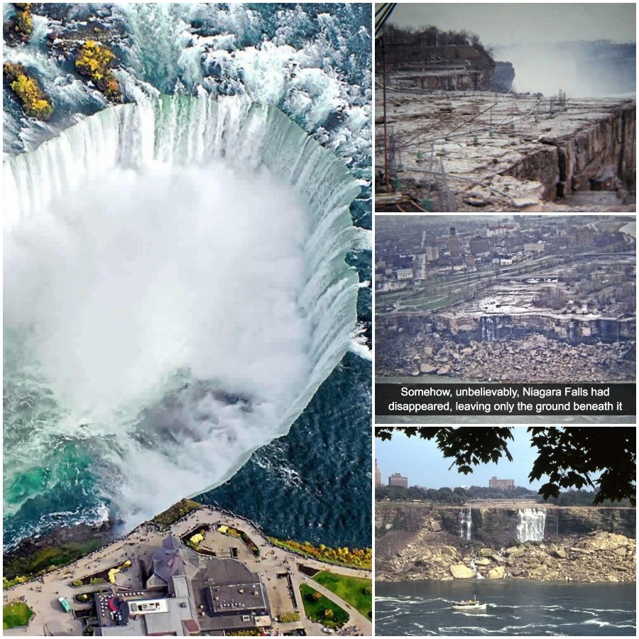ScienceFeedMag's tweet photo. These historical photos show what the Niagara Falls looked like after it was drained by engineers in 1969.