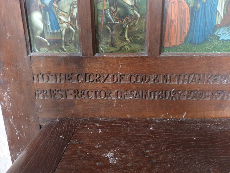 Also in the chapel is a memorial to Revd Nason, & to his son Philip, who died in the war. By Alec Miller, who met his wife at Saintbury, where she was looking after the numerous Nason children, and dates from the time of Nason's death in 1923. Note the van Eyck mini altarpiece...