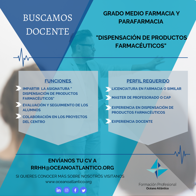 En <a href="/oceano_atl/">Océano Atlántico</a>  Buscamos docente de Dispensación de productos Farmacéuticos que quieran revolucionar la Formación Profesional y que compartan la pasión por la educación.

Si estas interesado envía tu CV a rrhh@oceanoatlantico.org o llama al 976 106 451. #OfertaDeEmpleo