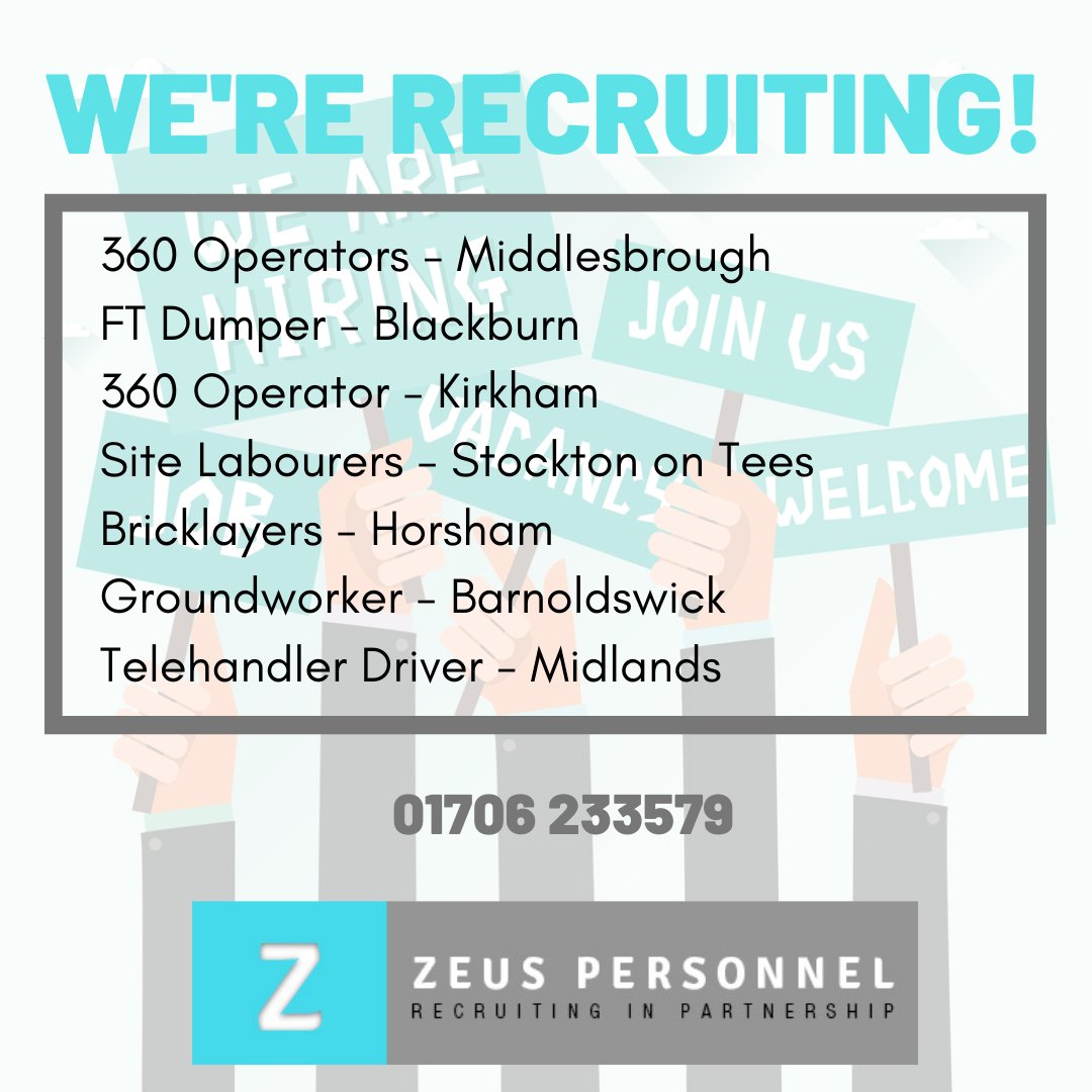 Live Job Vacancies 
Immediate Starts
Get in touch  ☎️ 01706 233579
zeuspersonnel.com
#zeus #construction #temp #labour #machinedrivers #bricklayers #newjob #recruitment
