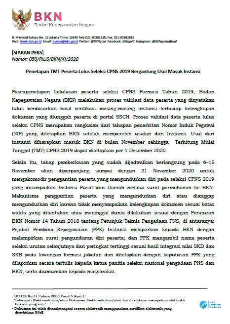 BKNgoid's tweet photo. #SobatBKN, Penetapan TMT Peserta Lulus Seleksi CPNS 2019 Bergantung Usul Masuk Instansi https://t.co/UubdX3JUJN