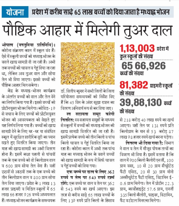 mp_wcdmp's tweet photo. कोरोना संक्रमण काल में स्कूल बंद हैं। ऐसे में स्कूली बच्चों को मध्याह्न भोजन के बदले खाद्य सामग्री दी जा रही है। अभी तक बच्चों को चावल व गेहूं दिया जा रहा था, लेकिन अब तुअर दाल और सोया तेल भी दिया जाएगा। इससे बच्चों को पौष्टिक आहार मिल सकेगा।
#JansamparkMP https://t.co/IpLjs40IMl