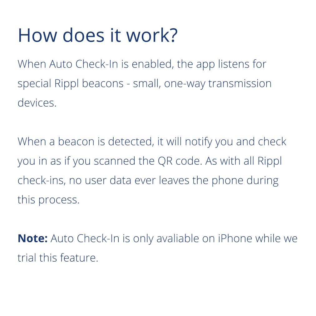 Rippl_NZ's tweet photo. Supported by our integration partner status with the @minhealthnz, we’re trialling Rippl Auto Check-In. 

With Auto Check-In there's no need to scan a QR code! We check you in automatically at locations with a Rippl iBeacon. https://t.co/D5CumxozC4