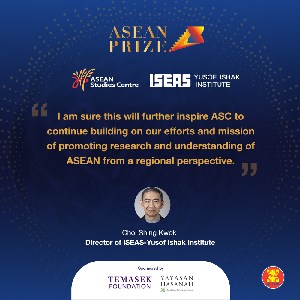 ASEAN's tweet photo. At #ASEANSummit37, ASEAN officially named ASC @ISEAS of Singapore as the #ASEANPrize 2020 Recipient.
As sponsors, @Temasek and @YayasanHasanah would present US$ 20,000 prize-money as a tribute to ISEAS' outstanding dedication in championing ASEAN Community spirit. https://t.co/P0amxmP9bq