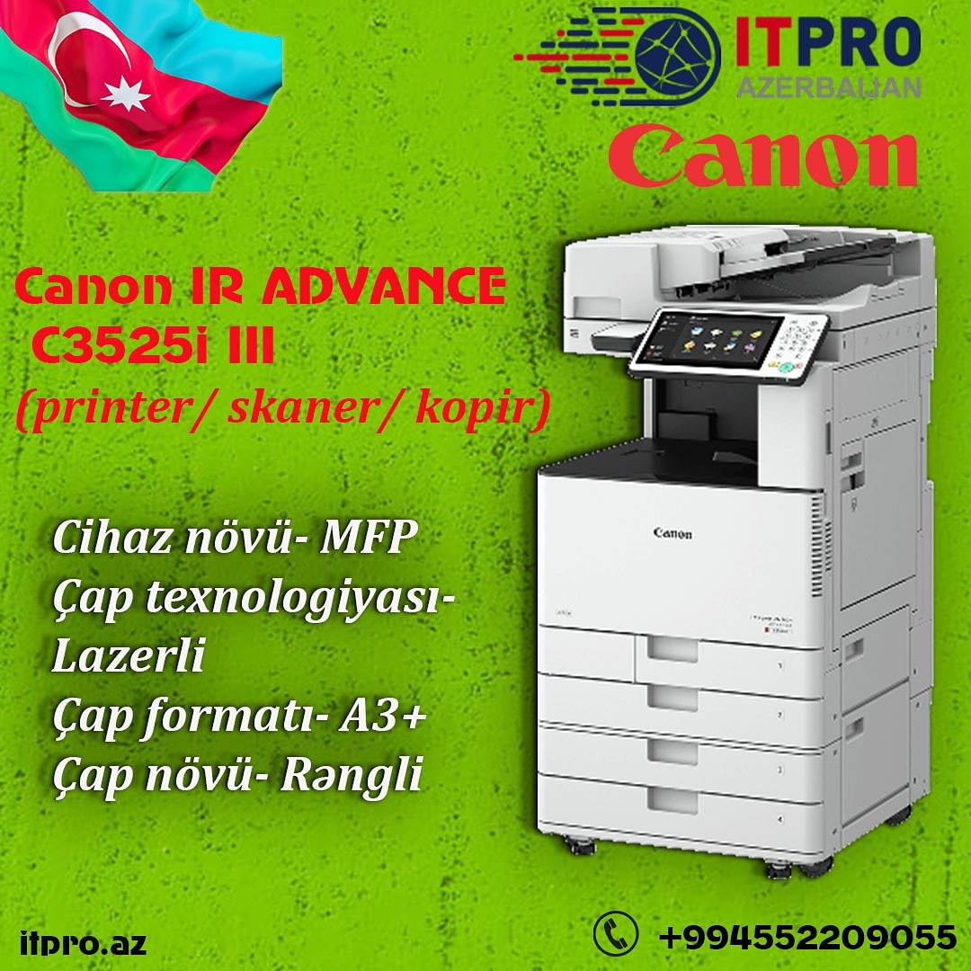 itprooo's tweet image. Canon IR ADVANCE C3525iIII
Cihaz növü- MFP(printer/ skaner/ kopir)
Çap texnologiyası- Lazerli
Çap formatı-A3+
📞 +994552209055
#canon #printer #canonimageprograf #imageprograf #printers #printersatışı #plotter #plottercanon #plottersatıs #karabakhazerbaijan #karabakhisazerbaijan