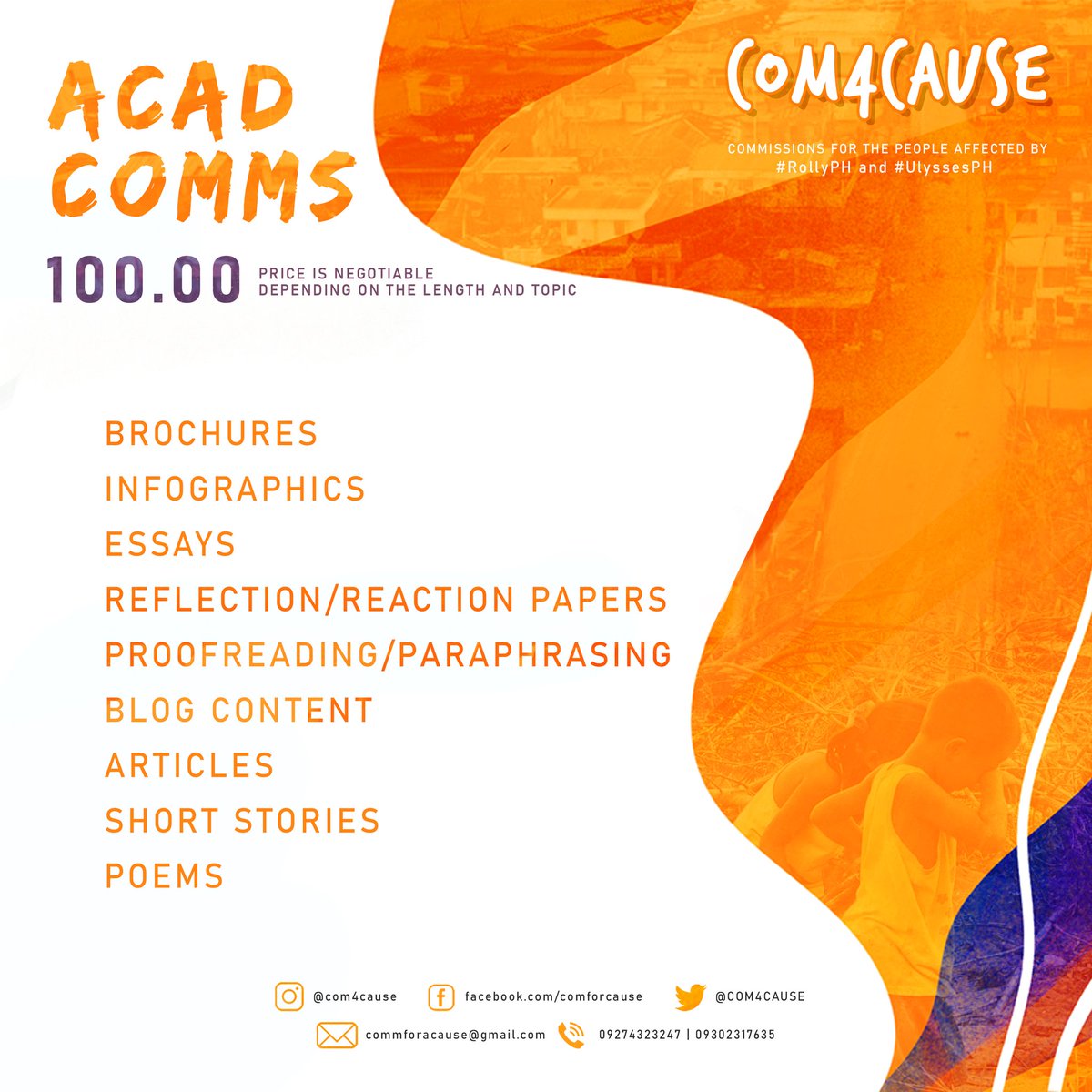 COM4CAUSE's tweet photo. Writing/Acad Volunteers: COMMISSIONS OPEN
More info: https://t.co/rNYGPPw1lO
To commission: https://t.co/rp0krFLwF2

*COM4CAUSE will distribute the commissioned work based on the volunteers' credentials unless otherwise the client has a specific person in mind. https://t.co/ikua8PBfjr