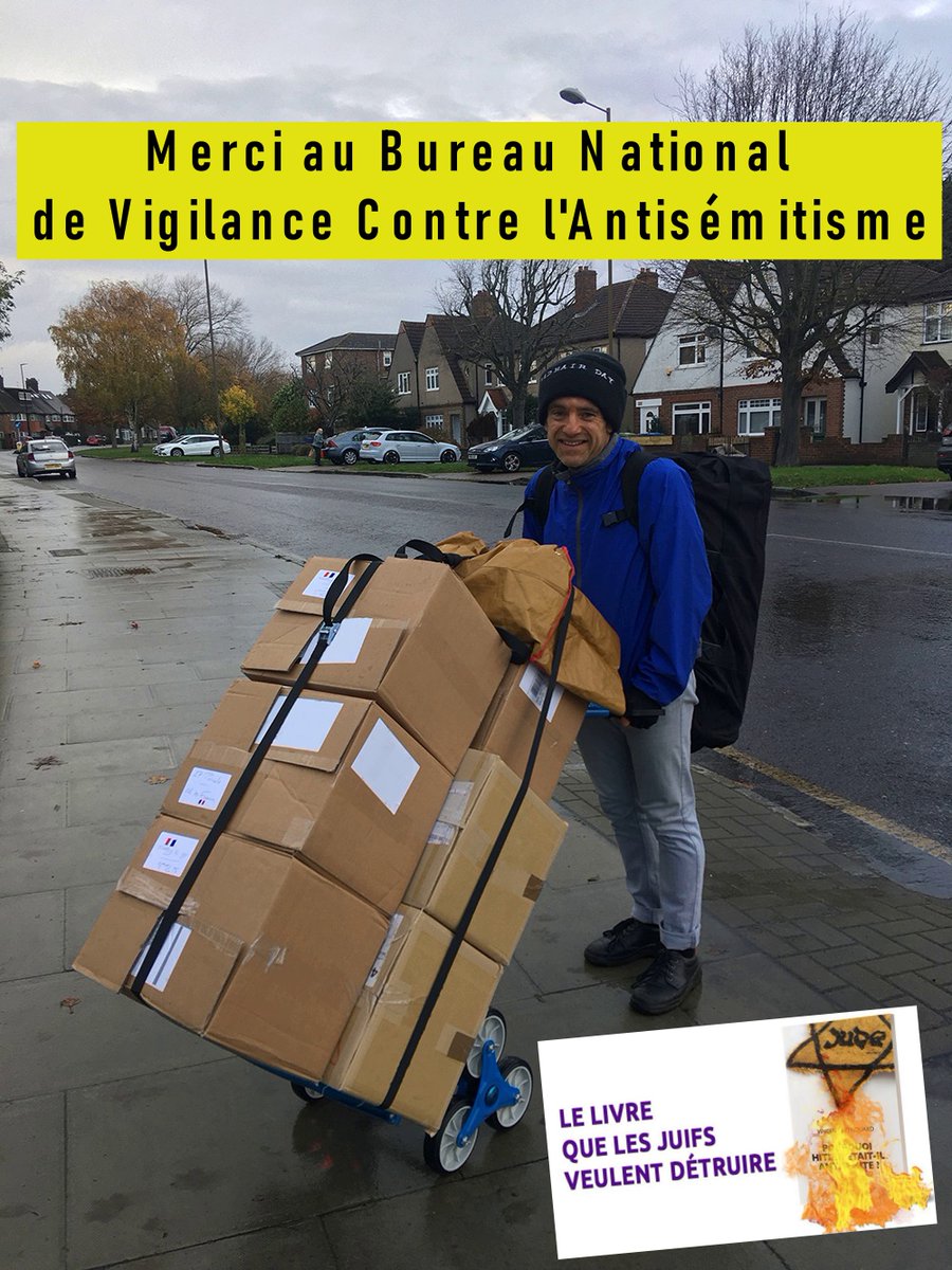 scrabopoly's tweet photo. Sur la photo, j'apporte à la poste anglaise une partie des livres "Pourquoi Hitler était-il antisémite" que nous avons vendus en une semaine. (lien de la vidéo : https://t.co/yqXSfMKIWy). 

Merci, donc, aux juifs BNVCA : leur action a permis une diffusion inespéré du livre. https://t.co/l1eYVnBZwX