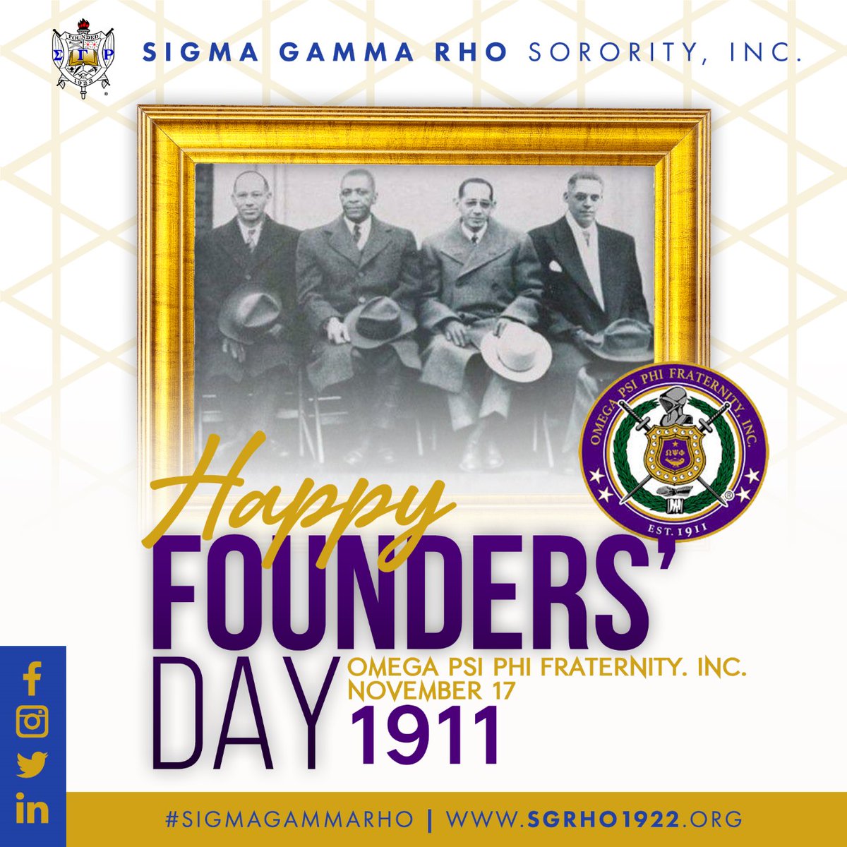 SGRho's tweet photo. Happy Founders’ Day to the men of Omega Psi Phi Fraternity, Inc. #SigmaGammaRho #SGRho #OmegaPsiPhi https://t.co/zOnZRxYGHK