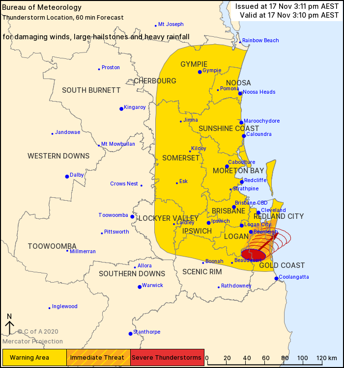 RACQOfficial's tweet photo. Please seek shelter, bring your car undercover and shut the windows if you're in the path of this severe storm. Damaging winds, large hailstones and heavy rainfall that may lead to flash flooding are likely. #QldWeather #QldStorm #RACQInsurance https://t.co/Xt6rNx9Jpf