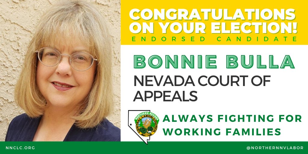 northernnvlabor's tweet photo. Congrats to Judge @BonnieBulla on her reelection to the Nevada Court of Appeals! ๐ #Labor2020 #UnionVotes https://t.co/GjirzMXaGe