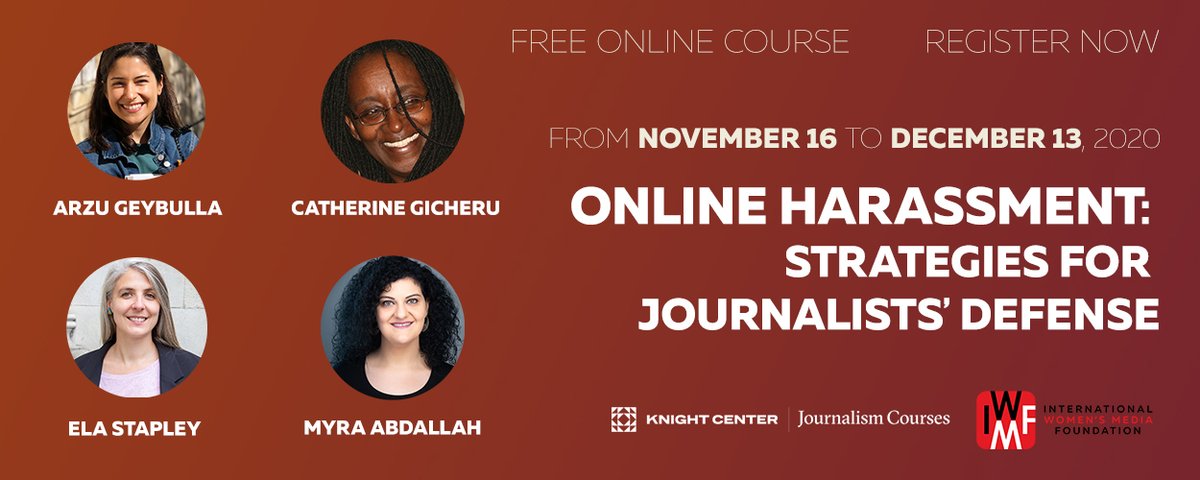KnightCenterUT's tweet photo. Register for our new #MOOC, "Online Harassment: Strategies for #Journalists' Defense" with @IWMF and a team of instructors from around the globe. Join @elastapley @arzugeybulla @cgicheru1 @myraabdallah for this FREE course for women journalists and allies.
https://t.co/YeFEzWse8B https://t.co/2lxHDOwqGS