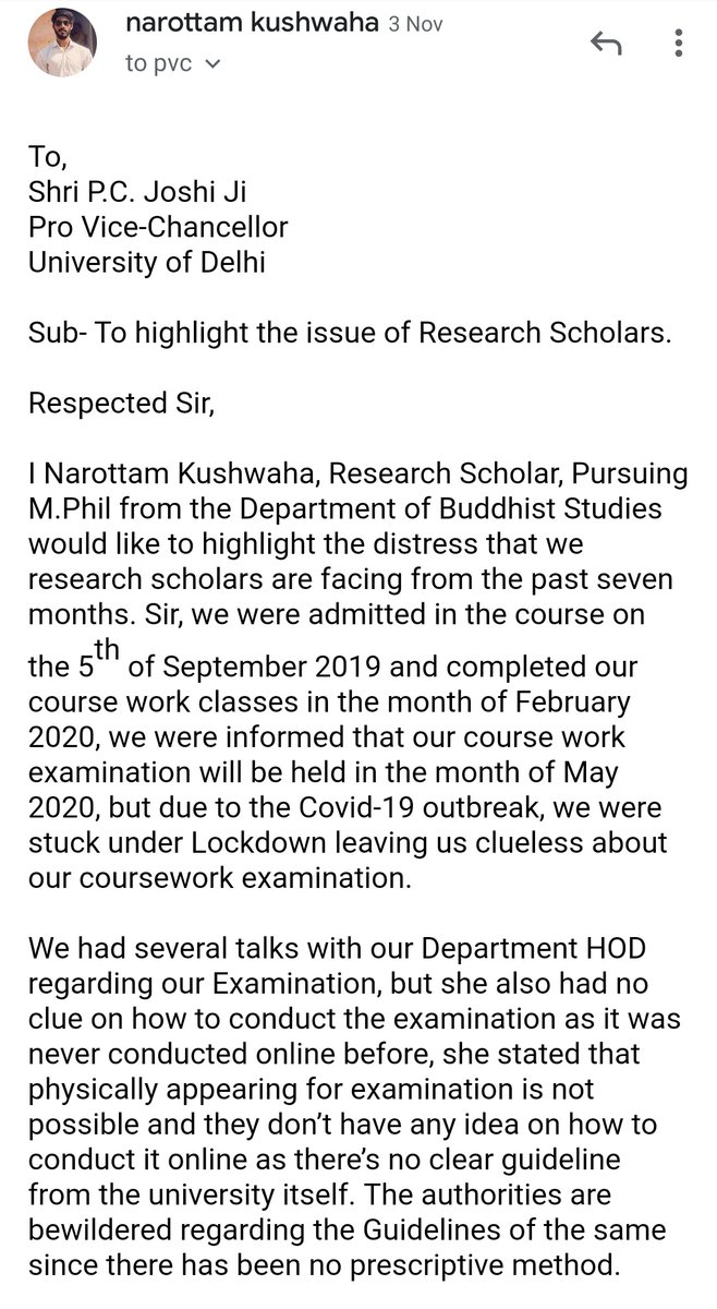 Ranriddh's tweet photo. On 3rd NOV 2020 sent this letter to @UnivofDelhi @msisodia @EduMinOfIndia @CMODelhi followed by several calls to PVC(acting VC)office. It's been 14 days since I've been waiting for a response. Please hear the plight of research scholars. @timesofindia @IndianExpress @the_hindu https://t.co/MKiGuk7hMF