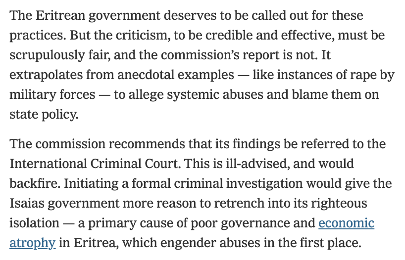 15. Please go back and read parts 5, 6, 8. I will wait. Now read this shit sandwich: massive human rights violation but are they systematic? PLEASE DON'T REFER ISAIAS AFWERKI TO ICC. POLITICAL VACUUM. Yeah, sure, there are even more anecdotes of human rights violations.