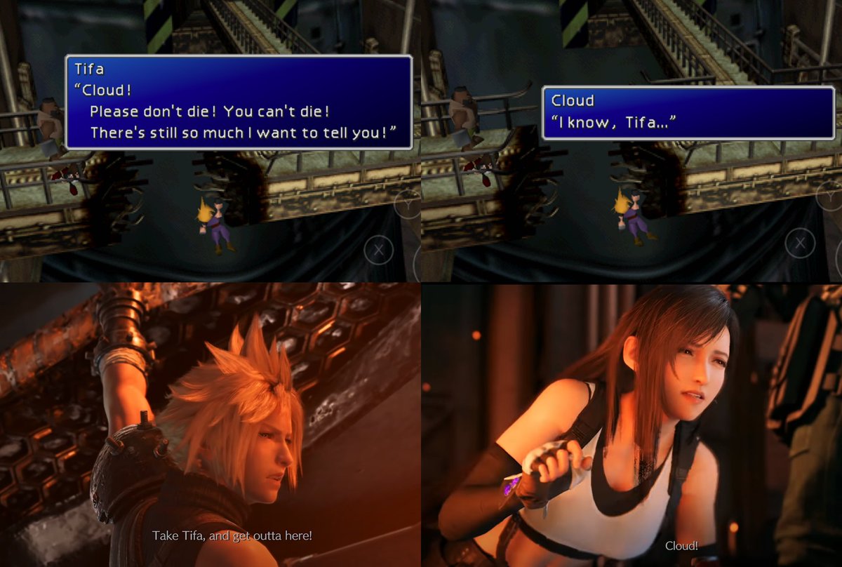 In OG, before Cloud falls from reactor 5, Tifa alludes to her feelings for Cloud. In FF7R, this was omitted and instead we get Tifa trying to reach for Cloud & fighting against Barret when he forcibly carries her away.