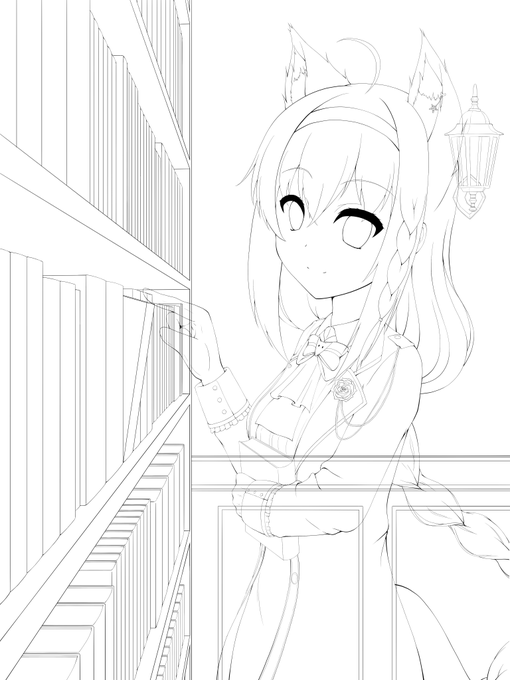 なんかちょいちょいタグ見るから、フブキちゃんの新衣装描いたときの線画貼ってみる。本棚塗るのが一番しんどかった…… #線画と塗った後を見せてください 