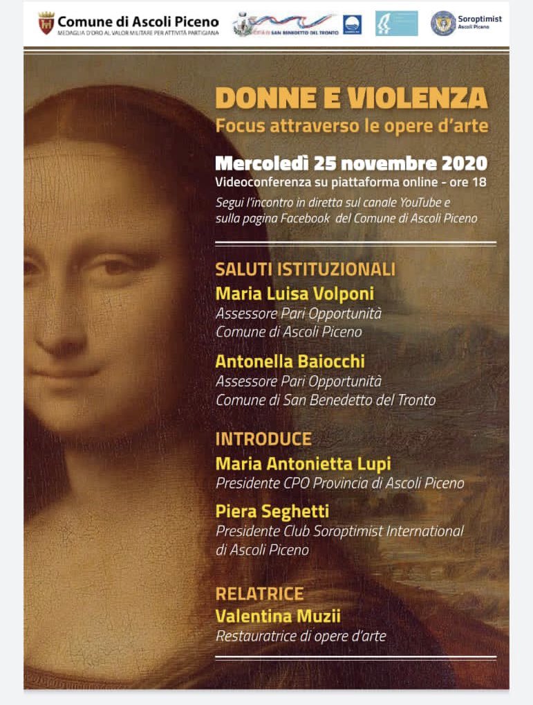 SoroptimistAp's tweet photo. #savethedate 25 Novembre 2020 alle ore 18:00 videoconferenza: DONNE E VIOLENZA. FOCUS ATTRAVERSO LE OPERE D'ARTE.
Con la Presidente del Soroptimist di Ascoli Piceno, Avv. Piera Seghetti @allunae35 @SIItalia @comuneAp @NiettaL https://t.co/UjUAlhGBDF