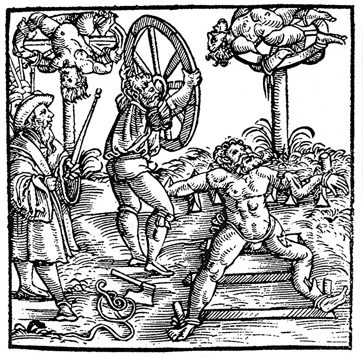 車裂き刑(車輪刑)は、受刑者の手足を粉砕して車輪に括り付けて晒すという、中世ヨーロッパのユニークな刑罰。太陽信仰と関係があるとも。 