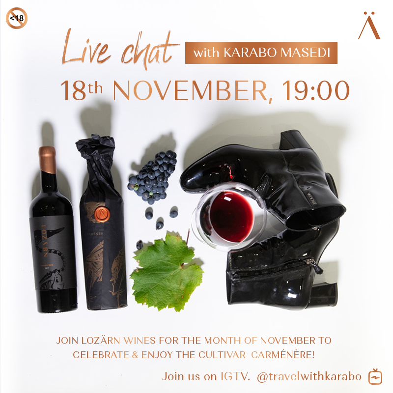 Tune in tomorrow night, Wednesday 18th of November, for a Carménère discussion with winemaker Salóme Buys-Vermeulen and Karabo Masedi. 

Join us on IGTV at 19.00 on 18th November 2020
@travelwithkarabo

#LozarnWines #Carmenere #CarmenereSouthAfrica