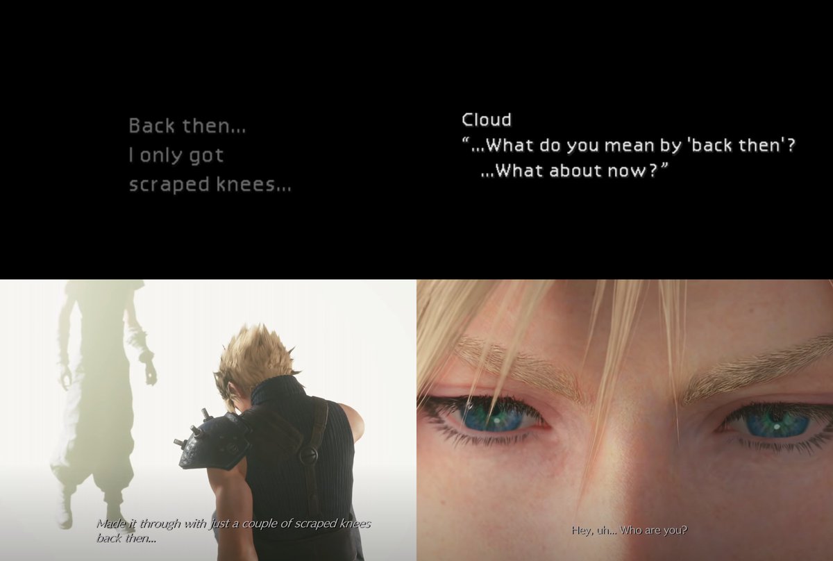 In both the OG & FF7R, Cloud falls into the Lifestream(?). In OG, it's just the disembodied voice of Real!Cloud but in FF7R we see another figure that looks exactly like Cloud approaching him. In both, they reference the "scraped knees" Cloud got when he & Tifa fell in Nibelheim