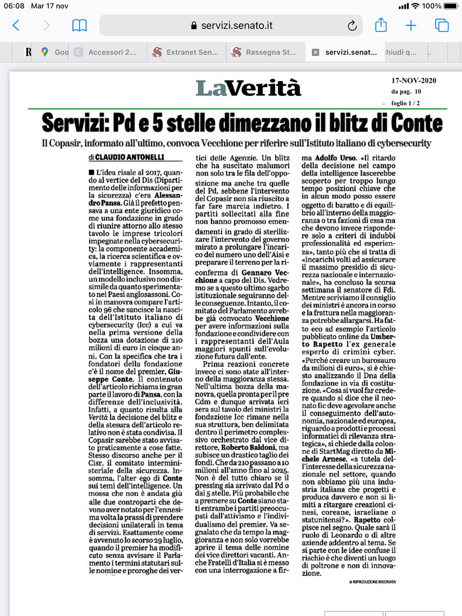 adolfo_urso's tweet photo. Nuovo pasticcio nella #intelligence, con maggioranza divisa anche sulla Fondazione #cybersecurety. La mia interrogazione ripresa da La Verità: non giocate sulle #nomine. Garantire efficienza e professionalità. ⁦@FratellidItalia⁩ https://t.co/FuSblZAQUm