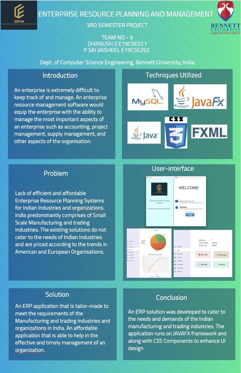 Dhanush11S's tweet photo. ERPM - An affordable and effective Enterprise Resource Planning solution.
I and @JaisheelSai under the guidance of @deep108 @CSE_Bennett  have successfully implemented an ERP solution for Indian manufacturing and trading industries.
#java #javafx #erp https://t.co/du4loOYI3J