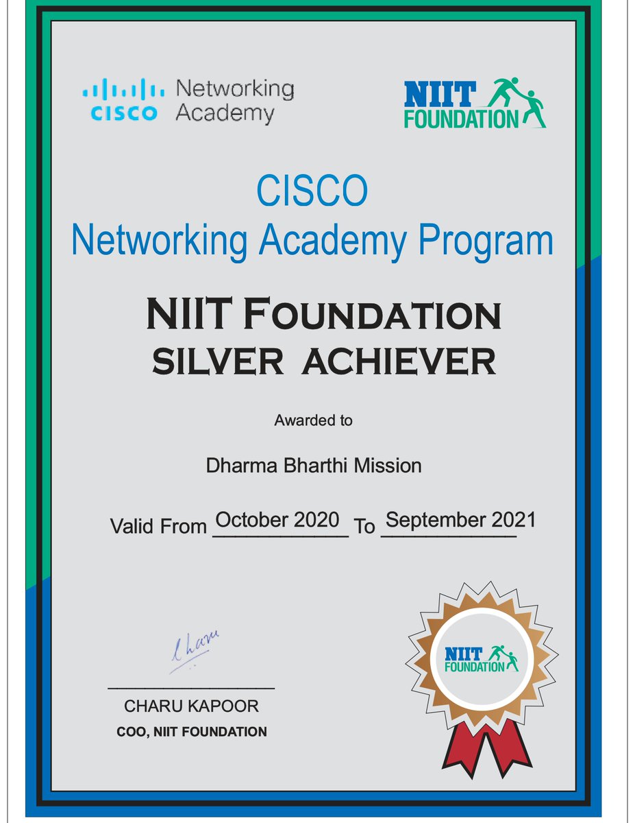 DBMission's tweet photo. DBM India has been recognised as an authrised CISCO NETWORKING ACADEMY ! We have been an officially recognised partner of NIIT Foundation. Further the NIIT Foundation has awarded DBM the NF Silver Achiever Award.
Big thanks to our team, trustees and our supporters! #DBMission https://t.co/t5UsXQjBmT