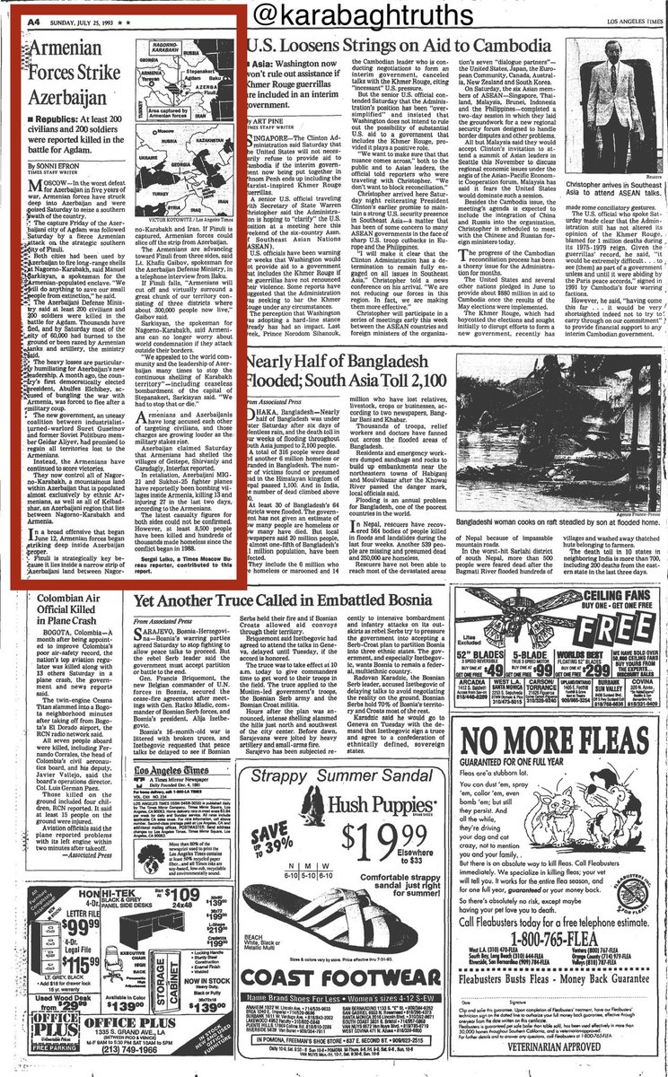karabaghtruths's tweet photo. LA Times, Jul 1993 - "#Armenian forces strike #Azerbaijan - at least 200 civilians and 200 soldiers killed in the battle for #Agdam. [60,000] have fled, and most of the city had burned to the ground or been razed by Armenian tanks and artillery." https://t.co/75uAnF6CmI