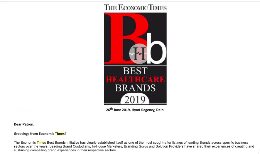 More emails from sister concern  @EconomicTimes Invitation for "Best healthcare brands award"