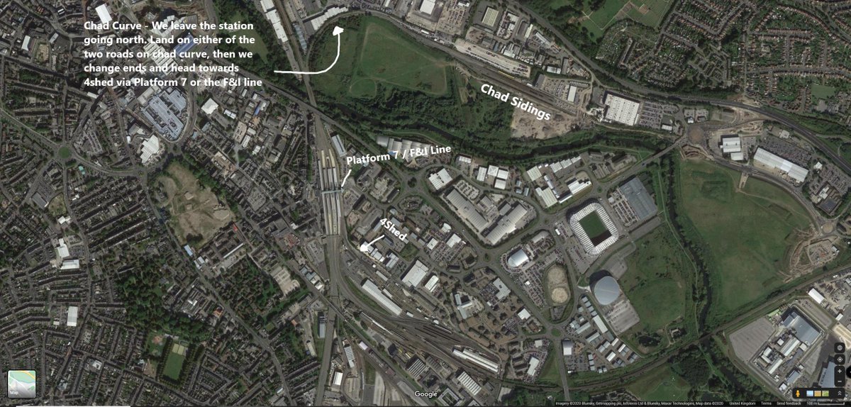 The train will depart north towards Chad curve. We then change ends and make our way towards 4shed via Platform 7 or the F&I line. We then stop at the stop board next to 4shed. (This is where we relieve the mainline driver if they have brought the unit from the station)