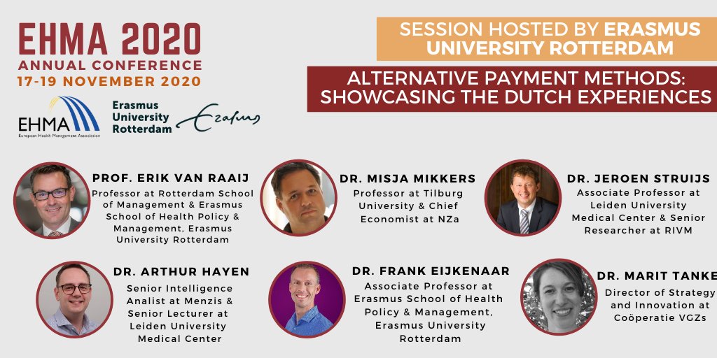 Discussing #healthinsurance in the session 'Alternative payment methods: showcasing the Dutch experience'. How do #healthinsurers contract w/ providers to secure the best conditions for insurees?
#EHMA2020
<a href="/ICIRSPE/">misja mikkers</a> <a href="/JeroenStruijs/">Jeroen Struijs</a> <a href="/marittanke/">Marit Tanke</a> <a href="/iFeijk/">Frank Eijkenaar</a> @erikvanraaij <a href="/erasmusuni/">Erasmus University</a>