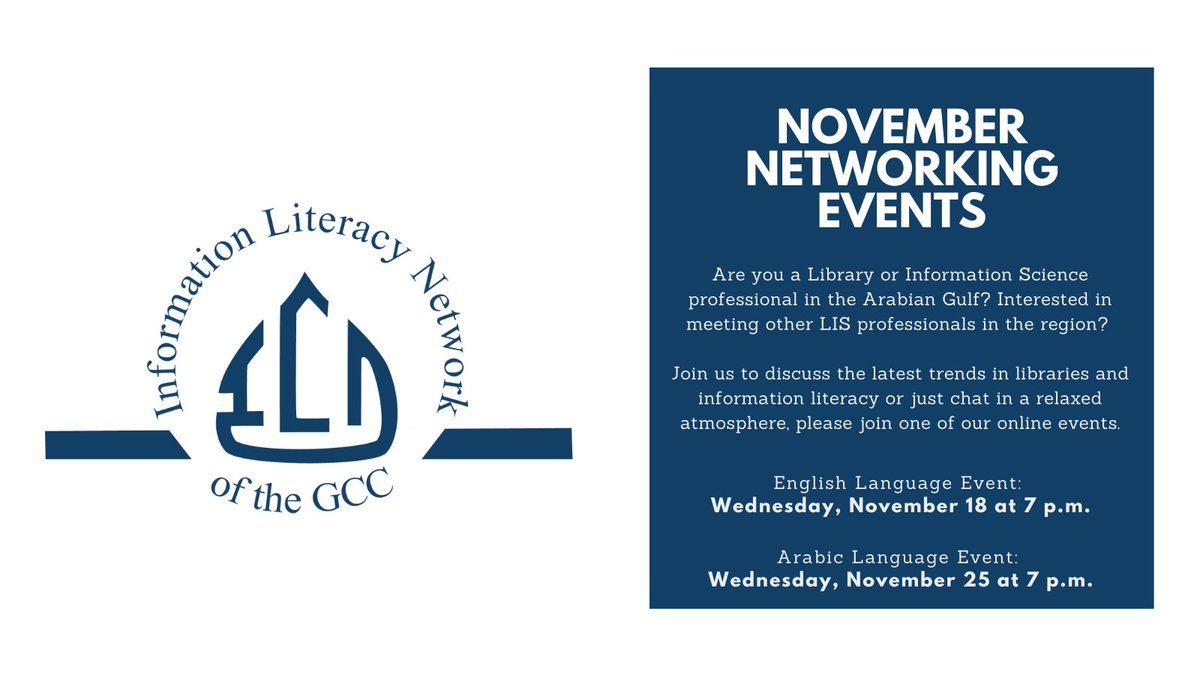 Are you an LIS professional in the #GCC? Join us for an online networking event to discuss <a href="/infolit/">infolit</a> and #libraries #uae #oman #bahrain #KSA #kuwait #ArabianGulf #informationliteracy 
iln-gulf.org/2020/11/novemb…