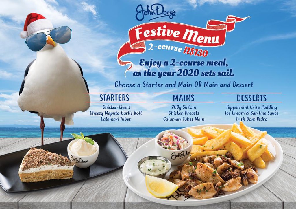 OIHOLEYANDJIVA's tweet photo. Our #JDsWindhoek Festive Menu is the perfect catch for any special occasion this Festive Season! ๐ฅณ๐ฃ Enjoy a Starter & Main OR Main & Dessert for only N$130.
, call us on โ๏ธ +264 81 140 2151.
Ts & Cs Apply |
#EveryoneLovesJDs #JDsFestiveOccasions https://t.co/VkoHIhlf1z