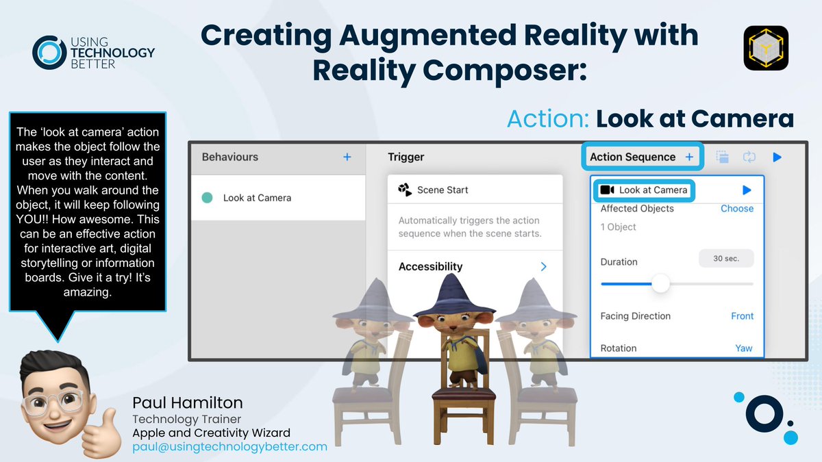 Thought I would make some #realitycomposer Action Cards to help showcase what this amazing App can do. Print them for S's or T's. The first one? The 'look at camera' action. The object actually keeps facing you as you walk around it! Interactive art/stories/info boards. <a href="/AppleEDU/">Apple Education</a>
