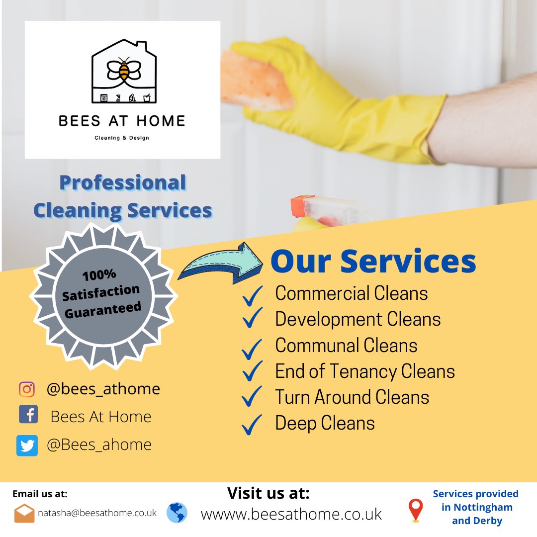 Bees_athome's tweet photo. Are you searching for an excellent Cleaning Services provider in Derby and Nottingham? Bees At Home got you covered!

#clean #cleaningservice #cleaningday #cleaningtips #cleaningservices #cleaningproducts #CleaningCompany #cleaningup #cleaningtime #beesathome #womeninbusiness https://t.co/QB3ll9m5yN