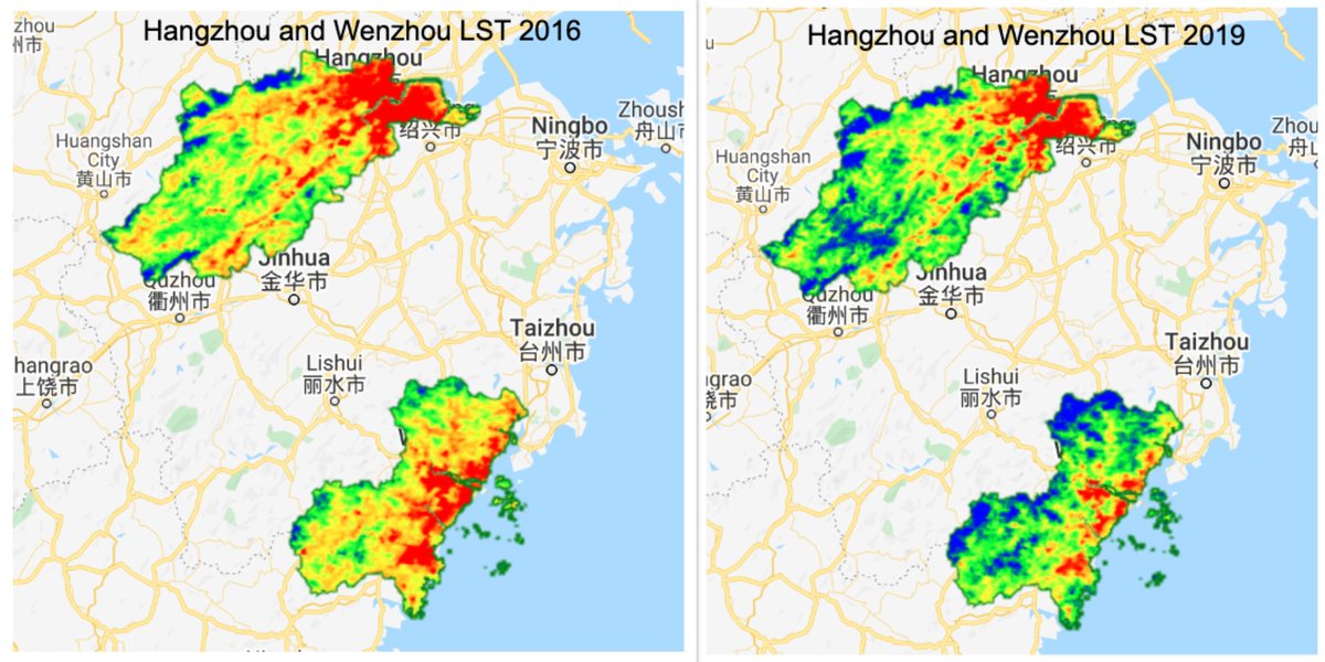 For day 14 of the #30DayMapChallenge (#ClimateChange) I looked at #LandSurfaceTemperature (LST) in Hangzhou and Wenzhou. LST is a valuable measure to use to understand how the earth itself is changing due to numerous factors, one of which could be climate change. #GIS #Geospatial