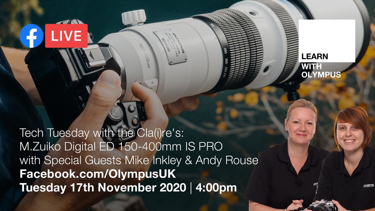 OlympusUK's tweet image. It's finally here! Join us LIVE on Facebook at 4pm GMT today for an extra special edition of Tech Tuesday – with @wildmanrouse and @Mike_Inkley discussing the NEW M.Zuiko 150-400mm IS PRO and answering your questions → facebook.com/OlympusUK/live #BreakFreeWithOlympus #OlympusUK