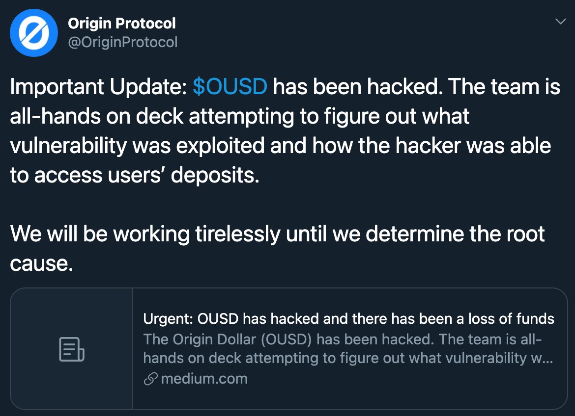 1/8 6 hours ago, there was another attack using flash loan, this time  @OriginProtocol was affected. This attack is similar to Akropolis hack, because the problem is in re-entrancy and use of a fake token. All of this was needed to manipulate rebasing. Let’s see how it happened: